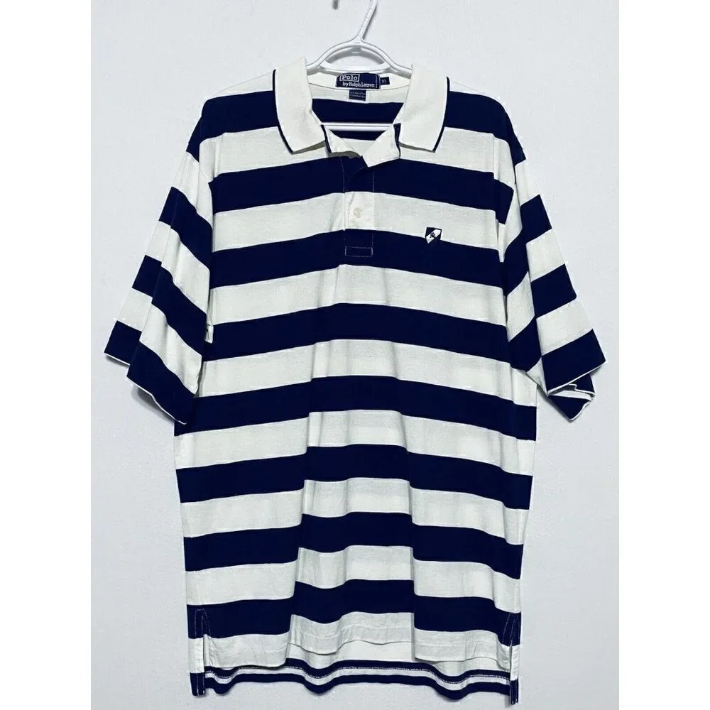 Vintage 90s Polo Ralph Lauren Mens Size XL Blue Wide Striped Polo Shirt RL Crest